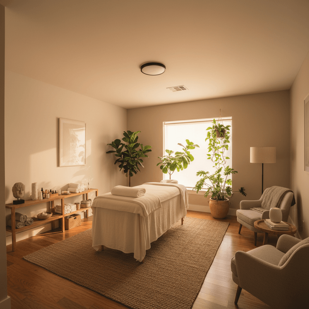 Serene Rayder Body Therapist treatment room in London with calming atmosphere