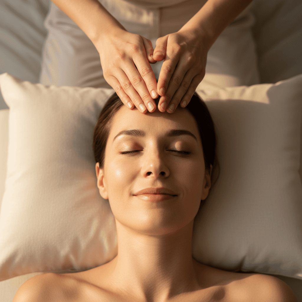 Client experiencing deep relaxation during somatic session