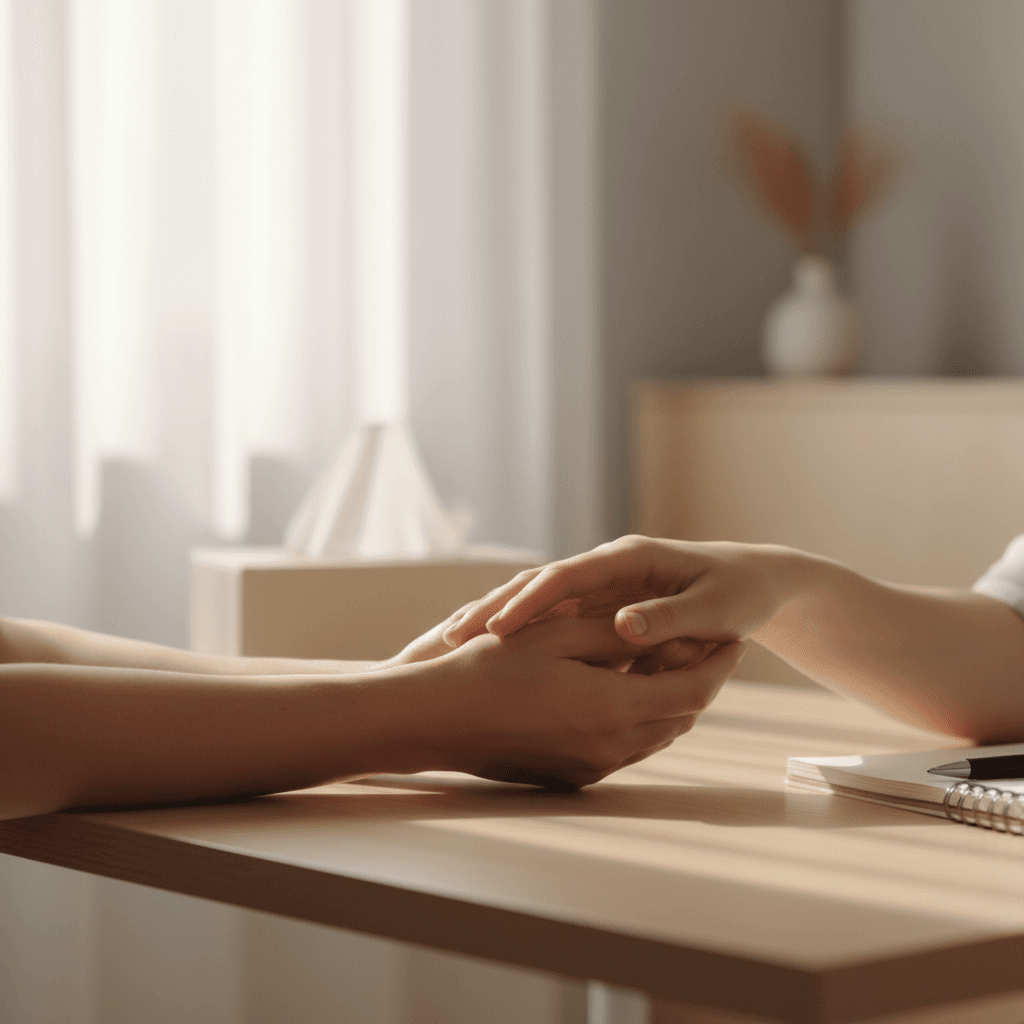 Two hands touching gently on wooden table in soft natural light, symbolizing therapeutic connection and emotional support